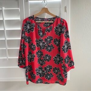 Laura Scott Hawaiian Floral Pink and Black Women's Top Large, 3/4 Flowy sleeves